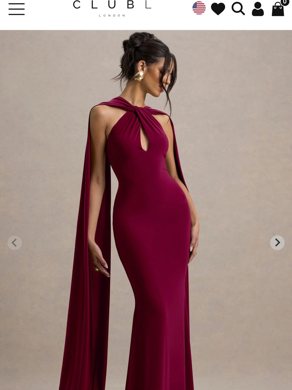 Club L London Burgundy Twist-Halter Prom Gown with Draped Cape